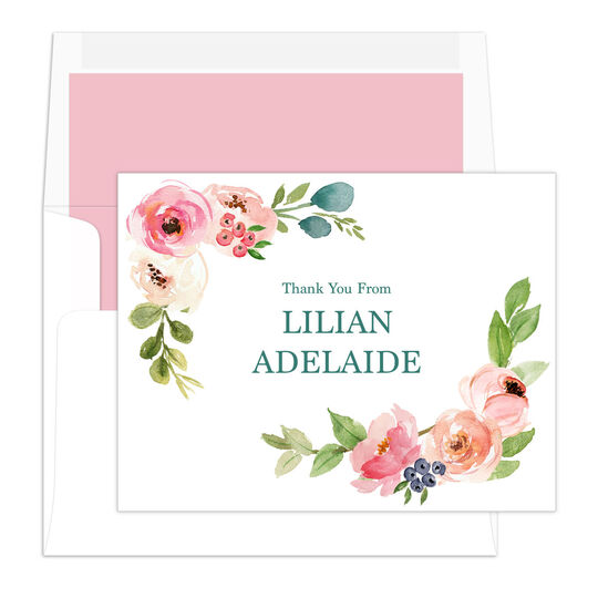 Pink Floral Corner Folded Thank You Note Cards